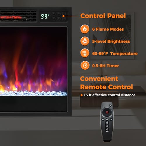 SIMOE 23" Electric Fireplace Inserts, 1500W Recessed Fireplace Heater with Remote Control, 6 Flame Colors & 5 Brightness, 8H Timer, Infrared Quartz Fireplace Insert for Indoor, 23" W x 17" H SIMOE