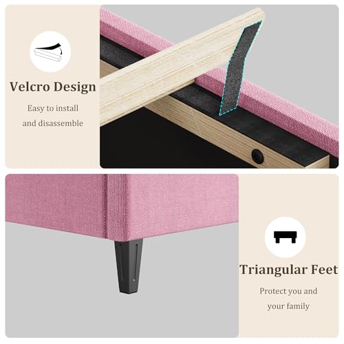 GAOMON Pink Full Bed Frame with Upholstered Headboard, Heavy-Duty Platform Bed Frame with Strong Wood Slats, No Box Spring Needed/Noise Free/Easy Assembly GAOMON