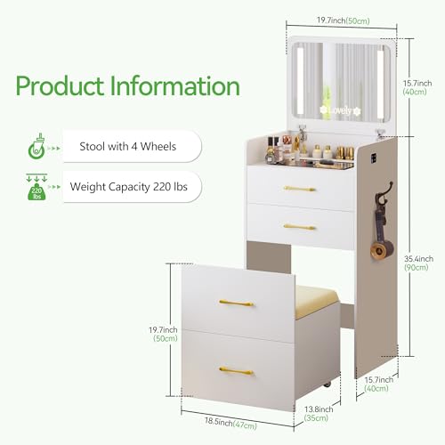 HNEBC 3 in 1 Vanity Desk with Plip Top LED Mirror,Small Dressing Table Set with Visible Glass Desktop,Compact Vanity with 3 Drawers,Storage Compartment and Padded Stool,for Bedroom(White) HNEBC