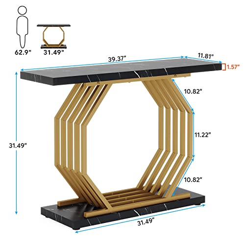 Tribesigns Gold Console Table, Faux Marble Entryway Table Narrow Sofa Table with Geometric Metal Base, 40 Inch Modern Accent Table Entrance Table for Living Room, Hallway, Foyer, Black Tribesigns