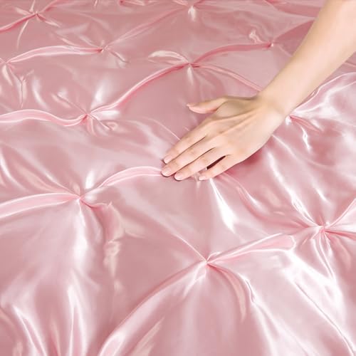 P Pothuiny 5 Pieces Satin Pintuck Duvet Cover Set, Silky Like Blush Pink Pinch Pleat Duvet Cover Full/Queen Size Luxury Bedding Set with Corner Ties, 2 Pillow Shams + 2 Pillowcases (No Comforter) P Pothuiny