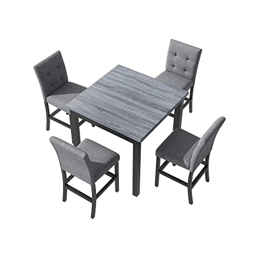 Merax Dining Table Set for 4, Square Wood Frame with Upholstered Chairs, Grey Merax