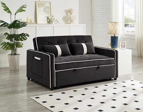 STBIGSLEP 3 in 1 Convertible Sleeper Sofa Bed, Small Couch for Living Room Bedroom with Pullout Bed Adjustable Backrest,Velvet,Loveseat Sofa Bed,Futon Couches (Black) STBIGSLEP
