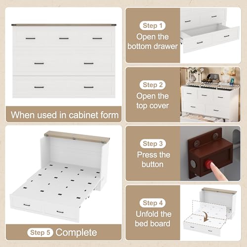 Bellemave Queen Murphy Bed, Cabinet Bed with Charging Station and 1 Large Storage Drawer, Farmhouse Murphy bedframe with Foldable Panel, Noisy Free, for Guest Bedroom, Living Room, White Bellemave