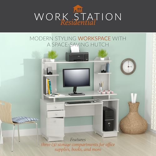 Inval America Computer Work Center with Hutch, Pull-Out Keyboard Tray, Drawers, Desk Workstation, 53.5"H x 48.62"W x 19.5"D, Washed Oak Inval