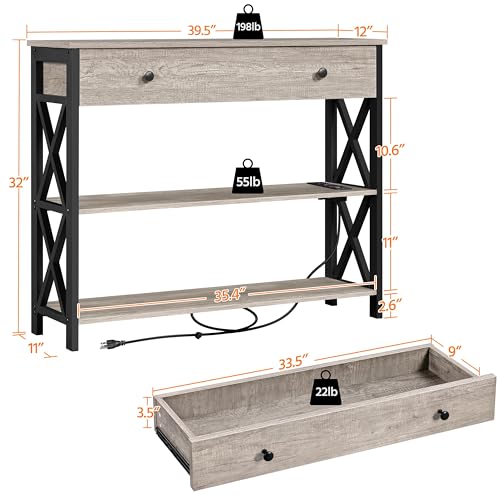 Yaheetech Console Table with Power Outlets and USB Ports, Wooden Entryway Table with Drawer and Open Shelves, Narrow Sofa Tables with Metal Frame for Living Room, Couch, Hallway, Grey Yaheetech