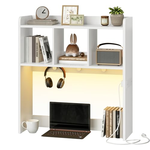 HOOBRO Desktop Bookshelf, Office Desktop Shelf, Desk Hutch with Outlets, Wooden Office Desktop Bookcase, Desktop Organizer Shelf with LED Light Strip and 3 Hooks, for Home, Study, White WT12UDSJ01 HOOBRO