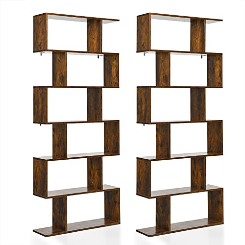 Tangkula 6-Tier S-Shaped Bookshelf - Stylish Rustic Brown Wooden Bookcase with Anti-Toppling Device Tangkula