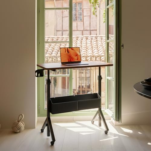 HUANUO Rolling Standing Desk Adjustable Height, Mobile Stand Up Desk for Walking Pad and Treadmill, Portable Computer Table with Wheels, 31.5"x15.75" Height 28.7"-46.1", Walnut HUANUO