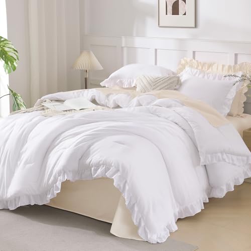 Andency Comforter Full Size Set White, 3 Pieces Ruffle Farmhouse Shabby Chic Gift Full Comforter Set, Soft Lightweight Fluffy All Season Room Decor Bed Set for Girls Women Teens Daughter Andency
