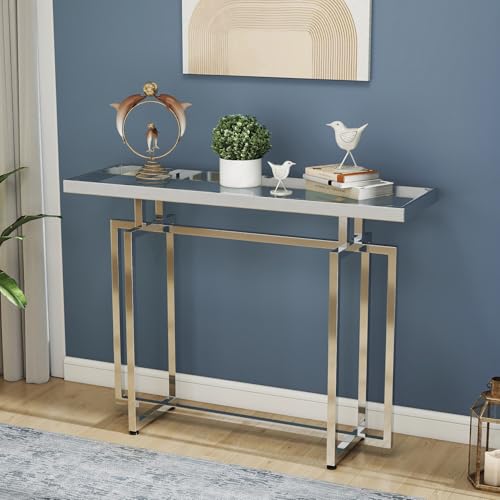 ASYA Glass Console Table for Entryway, Modern Entryway Table with Tempered Glass & Chrome Frame, Silver Sofa Table for Living Room Hallway ASYA