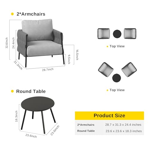 EAST OAK Life Chatter 3-Piece Patio Bistro Set, 2 Armchairs with Thick Cushion & Coffee Table,Deep Seating Patio Furniture for Garden Porch Balcony, Earth Black & Misty Grey EAST OAK