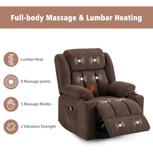 Ketaiyou Rocker Swivel Recliner Chair for Adults, Overstuffed Large Manual Recliner Glider with Massage and Heat, Comfy Soft Fabric Living Room Reclining Sofa Chair (Cocoa1)