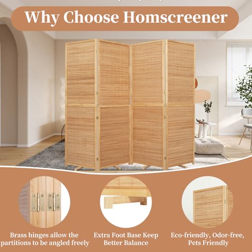 Room Divider Folding Privacy Screens, Hand-Made 67'' High Bamboo Room Dividers Freestanding 2-in-1 Multifunction 4 Panel Wall Divider for Room Separation, Portable Room Partitions and Dividers HOMSCREENER