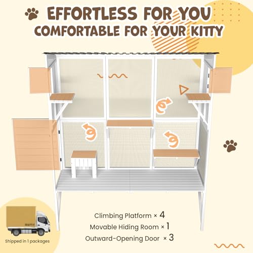 JFHID Catio Outdoor Cat Enclosure with Window Access, Large Window Catio Wood Cat House with 4 Platforms & 3 Doors for Napping & Nature Viewing – All-Weather Pet Cage for Indoor Cats, White JFHID