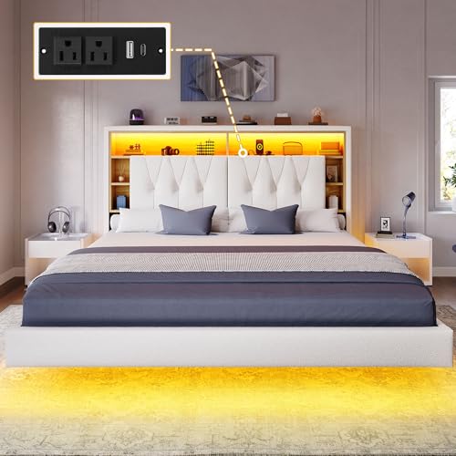 DWVO Queen Size Floating Bed Frame with Bookcase Storage Headboard, RGB LED Lights Beds with Charging Station, Upholstered Platform with Heavy Duty Wood Slat, No Box Spring Needed, Beige DWVO