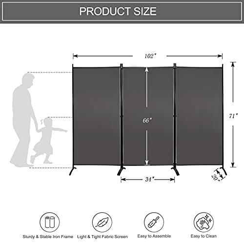 MAYOLIAH Partition Room Dividers 3 Panel Folding Privacy Screens 6 Ft Tall Portable Office Walls Dividers for Room Separator 102"x20"x71", Grey MAYOLIAH