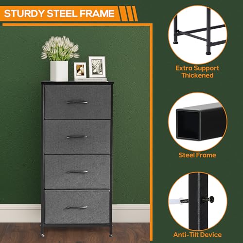 Horshod Dresser for Bedroom, 4 Storage Drawers, Tall Fabric Closet Chests Organizer Tower Furniture with Wooden Top Metal Frame for Clothes, Kids Room, Living Room, Hallway, Entryway Horshod