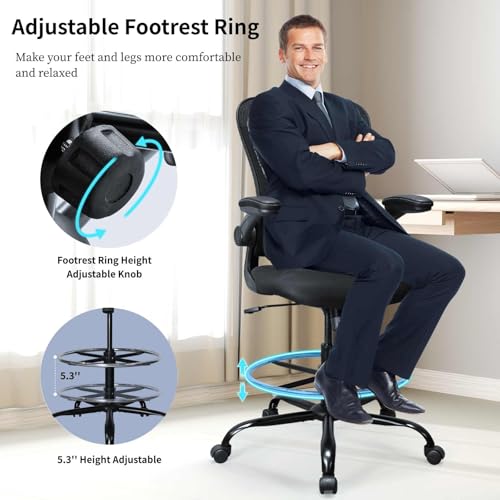 Drafting Chair, Ergonomic Tall Office Chair for Standing Desk, Counter Height Desk Chair with Adjustable Padded Armrests and Footrest Ring Standing Desk Chair Adjustable Height with Lumbar Support TOPBSHODC
