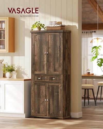 VASAGLE Pantry Cabinet, 15.7 x 30 x 71.7 Inches, Freestanding Tall Cupboard Storage Cabinet with a Drawer, 2 Cabinets, 6 Adjustable Shelves, for Living Room, Kitchen, Deep Brown UBBK561K01 VASAGLE