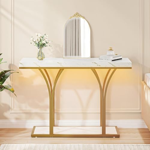 DWVO Gold Entryway Table with LED Lights, Modern 39-Inch Console Accent Table, Narrow Sofa Side Foyer Table with Faux Marble Top for Entrance, Entry Way, Hallway, Living Room DWVO