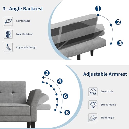 IDEALHOUSE 89" Futon Sofa Bed, Modern Chenille Sleeper Couch with Adjustable Backrest & Armrest, Convertible Futon Couch for Living Room Bedroom Apartments, Silver Gray IDEALHOUSE