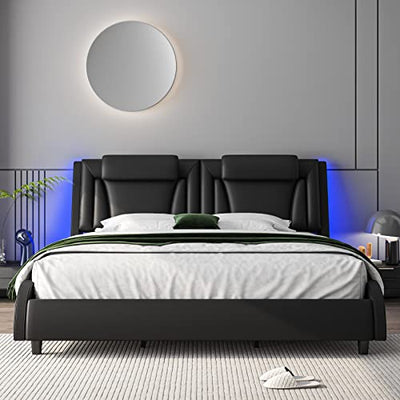 Keyluv LED Upholstered King Bed Frame with Adjustable Headboard and Wave-Like Design in Black