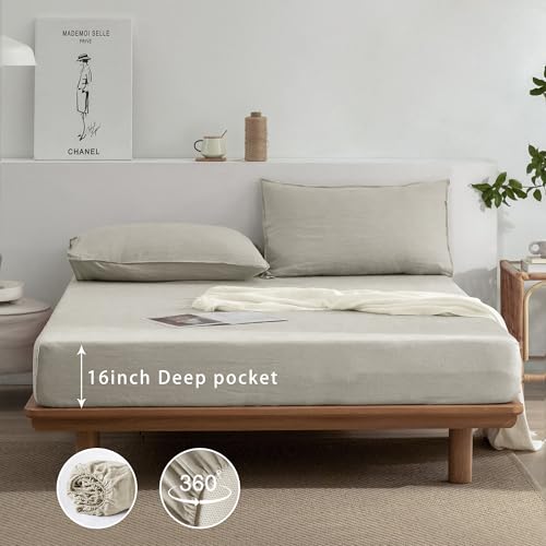 EVERLY Linen Sheets Set King Size,100% French Stonewash Pure Linen Bed Sheets,4Pieces (1Flat Sheet,1Fitted Sheet,2Pillowcase) Suitable for Hot Sleepers,Not Dyed Deep Pocket Natural Bedding Set EVERLY