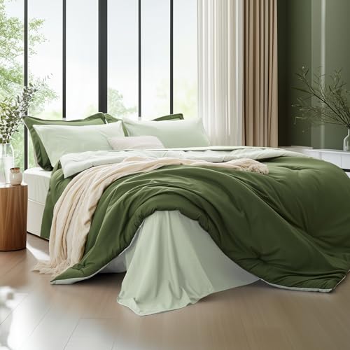 Kozyhvn Twin XL Comforter Set 5 Pieces, Dark Green, Reversible Sage Green Bedding Set, Soft Bed in a Bag Twin XL with Comforter, Sheets, Pillowcase & Sham, All Seasons Boho Bed Set Kozyhvn