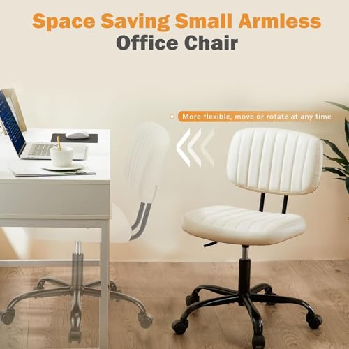 Sweetcrispy Small Office Desk Chair - Armless PU Leather with Comfy Lumbar Support, Height Adjustable Rolling Swivel Task for No Arms, for Adult, Student, Bedroom, Home, Vanity, Beige White Sweetcrispy