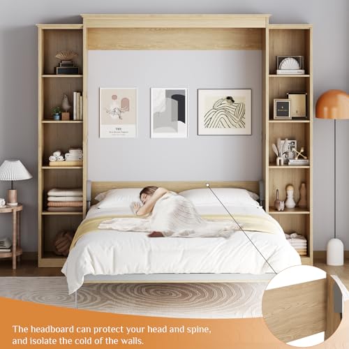 Rophefx Queen Murphy Bed Cabinet with 5-Tier Adjustable Storage Shelves, Wood Queen Wall Bed Cabinet Bed, Space Saving Beds, Hidden Bedframe, Foldable Platform Beds for Guest Room, Natural Wood Color Rophefx