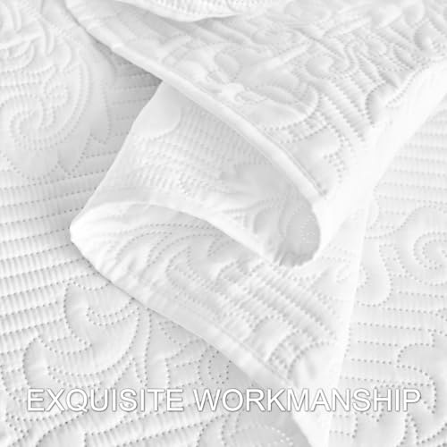Hansleep White Quilt Queen Size - Damask Ultrasonic Summer Bedspread Queen, Soft Lightweight Coverlet Bedding Set, 3 Pieces (1 Quilt, 2 Pillow Shams) Hansleep