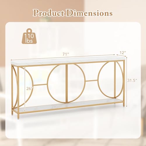 Giantex 71" Console Table, 2-Tier Extra-Long Gold Entryway Table w/Storage Shelf, Faux Marble Top, Narrow Sofa Table with Geometric Frame, Behind Couch Entry Table for Living Room, Hallway, Foyer Giantex