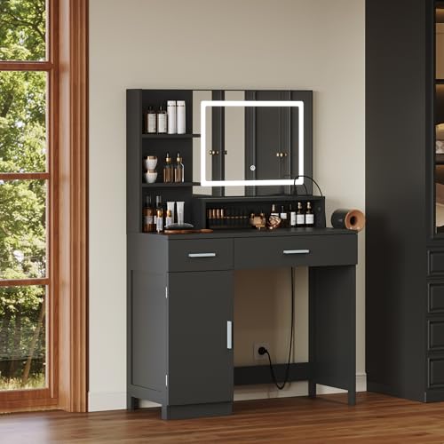 ProsperHaven Vanity Desk with LED Mirror and Lights, Makeup Vanity Table with Power Outlet, Drawers, Cabinet, Dressing Table with Open Storage Shelves for Bedroom, Dressing Room, Black ProsperHaven