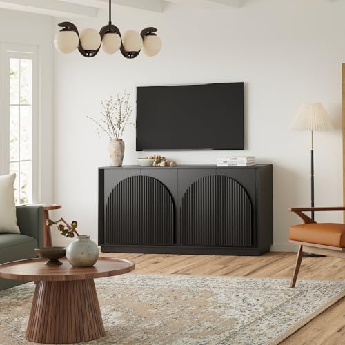 WIN2WIN 65" Fluted Sideboard Buffet Cabinet with Storage, Modern Credenza with Double-Layered Arch Doors, Wood TV Media Console Table Accent Cabinet for Living Room Dining Room Hallway Entryway, Black win2win