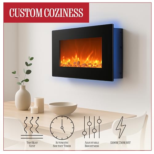 Northwest Electric Fireplace - 30 Inch Wall Mounted Fireplace - 13 Backlight Colors and Remote Controlled LED Flames, Heat, and Brightness (Black) Northwest