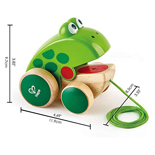 Hape Frog Pull-Along | Wooden Frog Fly Eating Pull Toddler Toy, 4.6 x 3.3 x 3.8 inches, Green Hape