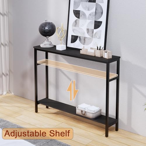Timberer Narrow Console Table, 39.4” Sofa Table with Adjustable Shelf, 2-Tier Long Skinny Table for Hallway, Entryway, Living Room, Foyer, Black Timberer