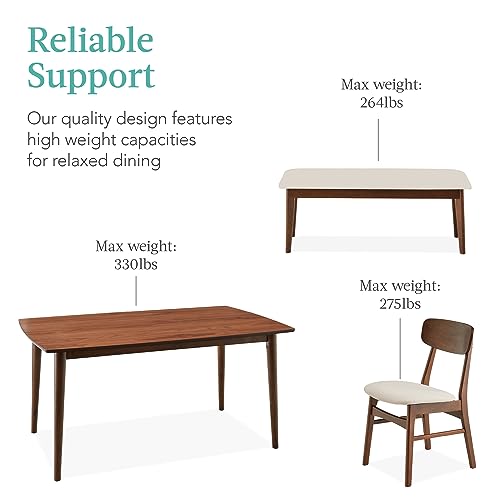 Best Choice Products 6-Piece Wooden Dining Set, Mid-Century Modern Table & Upholstered Chair Set w/Bench Seat, Rubberwood Legs - Walnut/Cream Best Choice Products