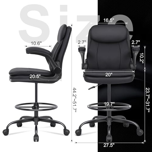 Misolant Drafting Chair, Tall Office Chair for Standing Desk, High Leather Executive Office Chair with Adjustable Height and Flip-up Armrest for Counter Height Desk Misolant