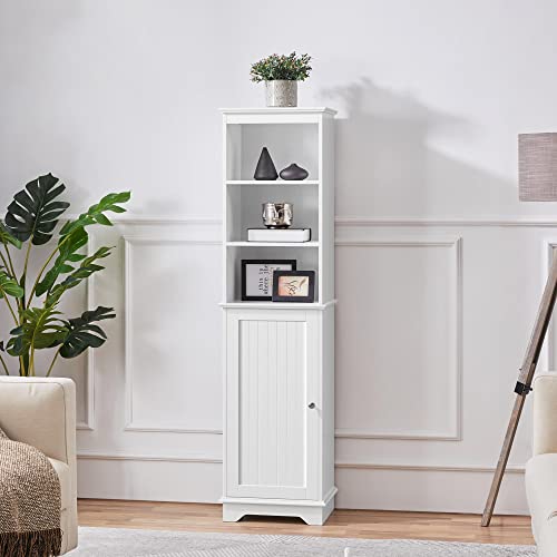 Yaheetech Tall Slim Bathroom Storage Cabinet with 3 Shelves, Enclosed Door, and Modern Design in White Yaheetech