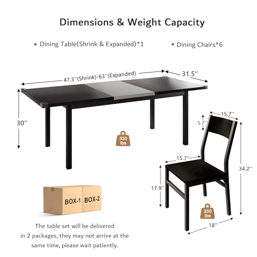 iPormis 7-Piece Dining Table & Chairs Set for 4-6, 63" Extendable Kitchen Table with 6 Chairs, Dining Room Table with Metal Frame & MDF Board, Perfect for Small Space, Easy Assembly, Black iPormis