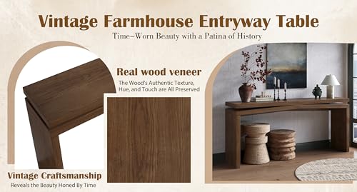 HZSSDTKJ 65-Inch Rustic Solid Wood Veneer Long Console Table, Farmhouse Entryway Sofa Side Table for Living Room, Hallway, Behind Couch and Apartment, Easy Assembly (Antique Rustic Brown-04) HZSSDTKJ