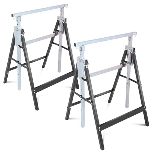 Auto Dynasty 2 Pack Saw Stand Sawhorse with Adjustable 7-Level Quick-Build Foldable Heavy Duty Miter Saw Horse Stand Max Capacity 440lbs, Black/Chrome Auto Dynasty