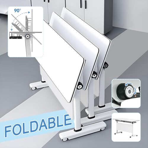 HSHBDDM Folding Conference Table with Flip-Top Design, Locking Wheels & Sturdy Metal Frame, Modular Training Desk for Office, Meeting Room, Classroom & Home Workspace HSHBDDM