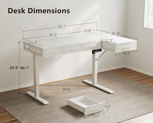 OffiGo L Shaped Electric Standing Desk with Wooden Drawers, 55 Inch Height Adjustable Corner Workstation with Power Outlets, Sit Stand Table for Home, Office, White OffiGo