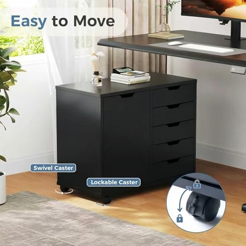 DUMOS 5 Drawer File Cabinet Office Drawers Organizer with Wheels Rolliing, Under Desk Cabinets with Shelves and Door Printer Stand with Wood Board Metal Frame for Home Office Storage Craft Room, Black DUMOS