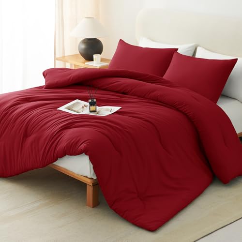 CozyLux Queen Comforter Set Dark Red, 3 Pieces Solid Queen Comforter Breathable Quilted Style Bedding Sets, Luxury Soft Bed Set with Down Alternative Comforter All Season (1 Comforter & 2 Pillowcases) CozyLux
