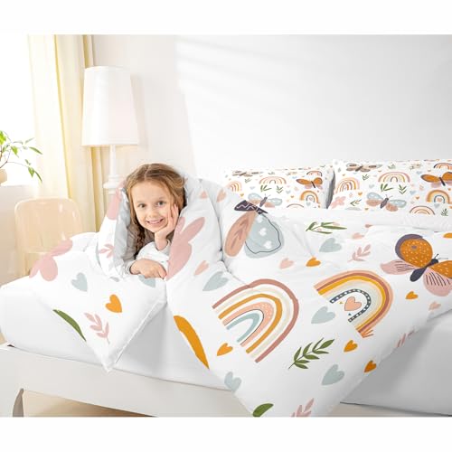 Homewish Boho Rainbow Comforter Set Twin Size Cute Butterfly Bedding Set 2pcs for Kids Girls Boys Adult Room Decor Cartoon Love Heart Palm Leaves Quilt Set Animals Botanical Duvet Insert,1 Pillowcase Homewish