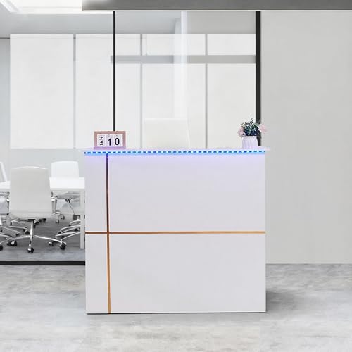 50" Reception Desk – Modern Front Desk with Lockable Drawer, Keyboard Tray, Storage Cabinet, Built-in Power Outlet, LED Lights & DIY Stripe – Ideal for Lobbies, Salons & Retail LayBurst